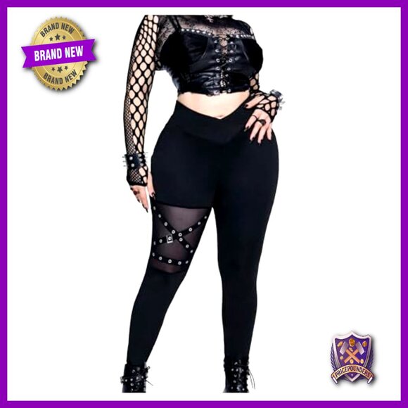 Plus Size High Waisted Leggings Patchwork Punk Contrast Gothic Pants - Picture 4 of 5